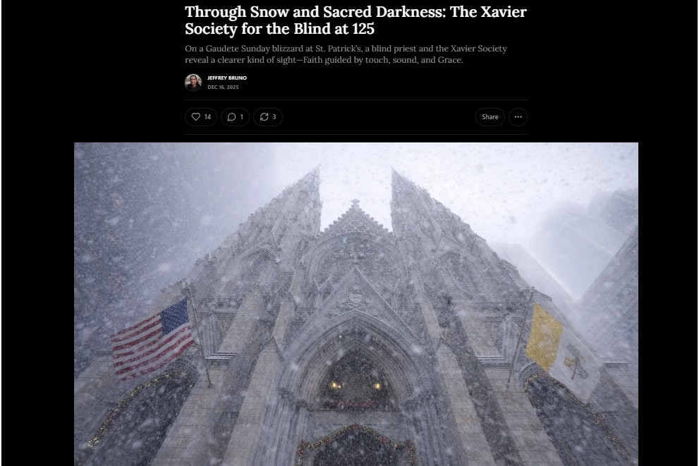 St. Patrick's Cathedral pictured on a snowy day in NYC with the Vatican and US flags flying outside