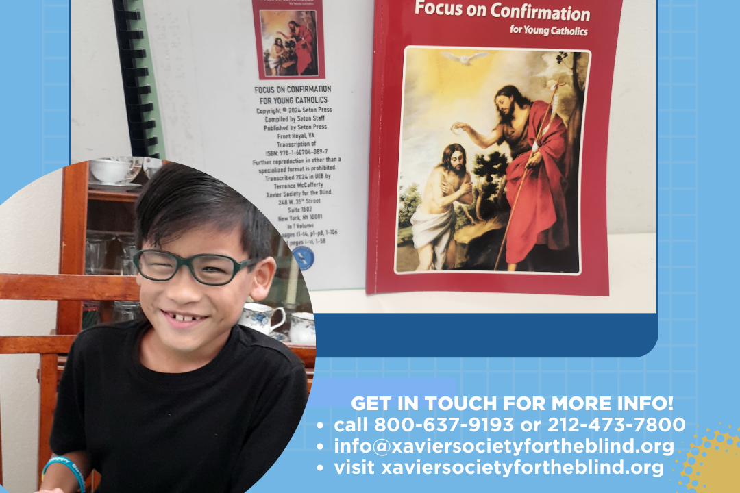 Levi, one of our young patrons, pictured smiling for the camera with braille textbooks in the background