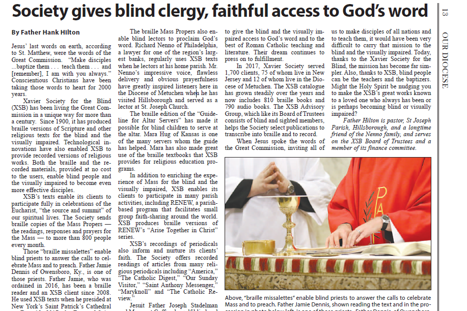 Screenshot of the article showing Father Jamie reading braille at the altar