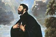 St. Ignatius in an old depicting wearing black and looking to heaven