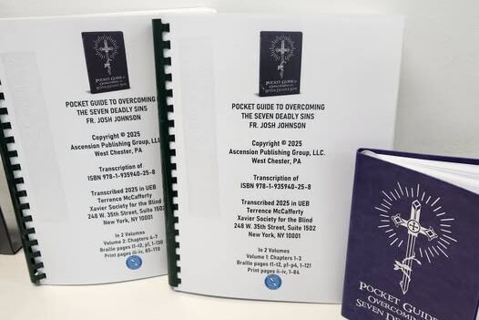 Two volumes of braille with print version of the book
