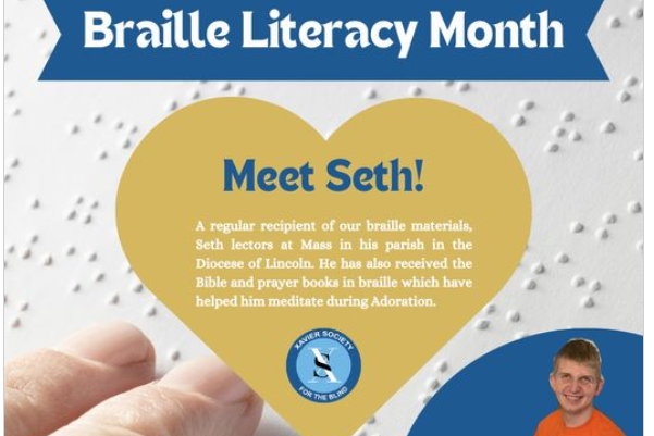 Out braille client Seth pictured against a background of braille with the words Braille Literacy Month