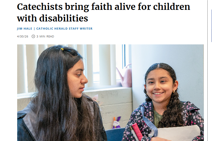 Amy, a young Hispanic girl with long brown hair, smiling inside a parish classroom