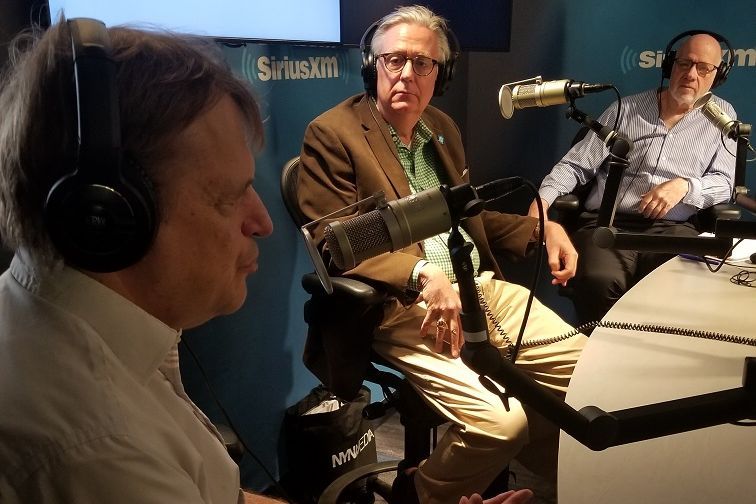 Our braille client Bob pictured in the Sirius XM studios with Executive Director Malachy Fallon and Monsignor Sullivan