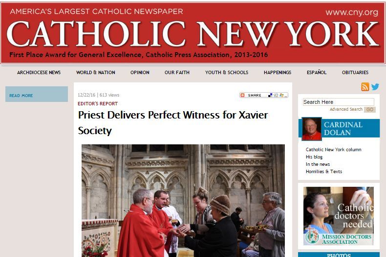 Screenshot of Catholic New York article showing Father Jamie receiving the gifts at the altar