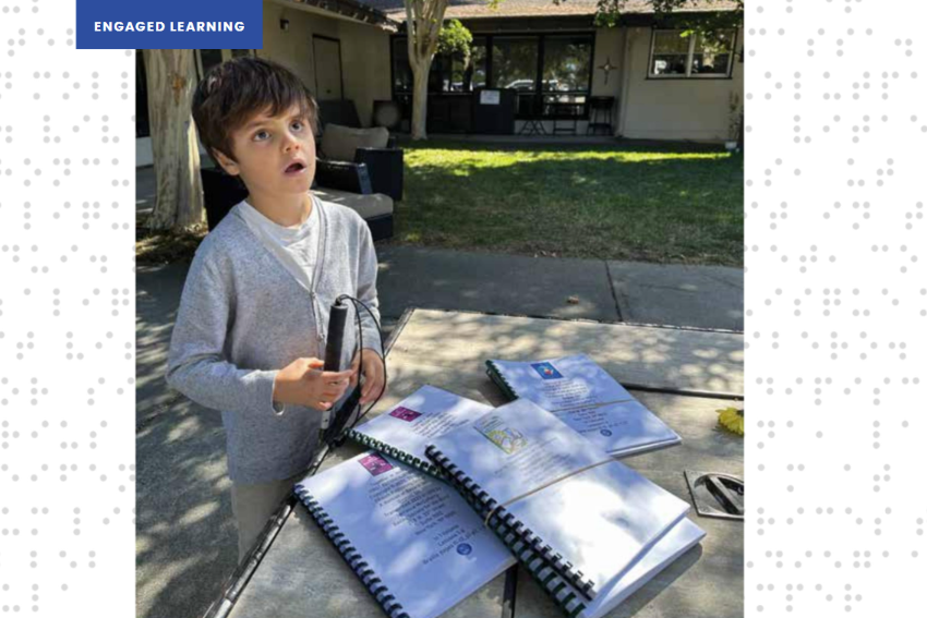 Our young braille patron Henrique profiled in Catholic San Francisco magazine and pictured with the braille books we sent him