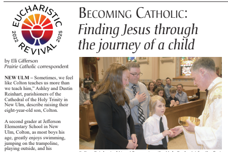 Screenshot of the article showing Colton receiving First Communion alongside his proud parents