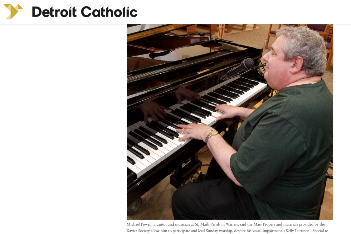 Screenshot of the Detroit Catholic article showing our client Mike playing piano in church