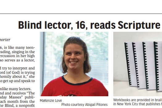 Screenshot of the article showing Makenzie alongside some of our braille materials