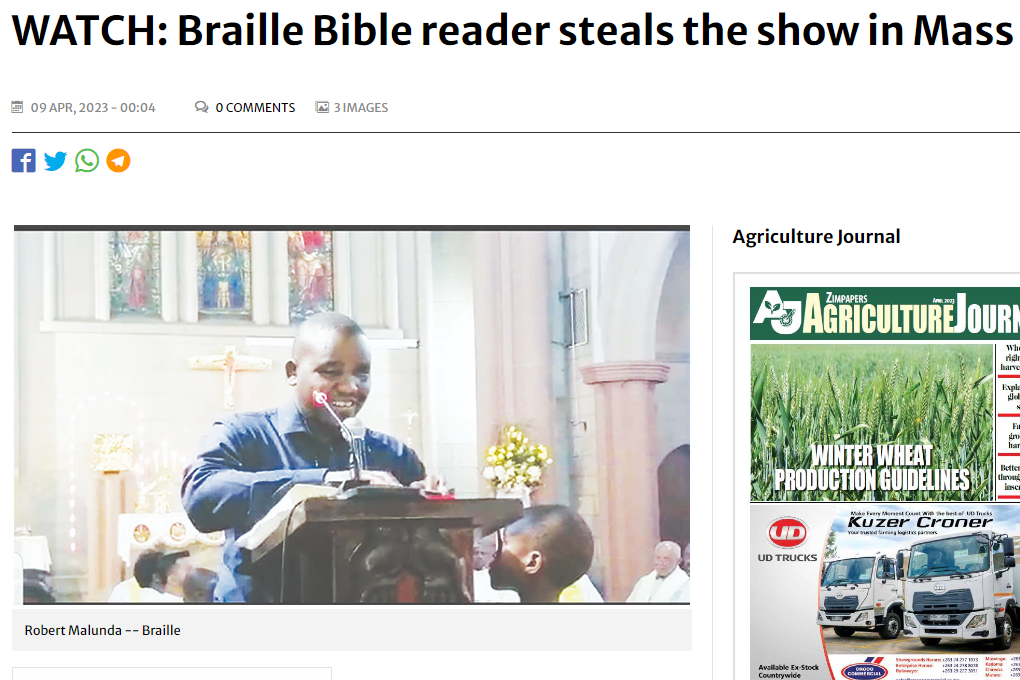 Screenshot of an article showing our braille patron Robert Malunda reading braille during Mass
