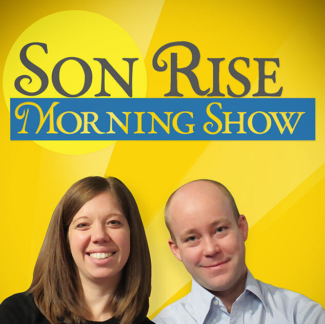 Anna and Matt, hosts of Son Rise Morning Show, pictured with a yellow background and the show's logo