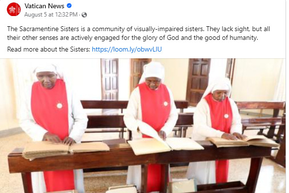 The Sisters of Don Orione pictured at their convent in Kenya reading the braille books we have sent them