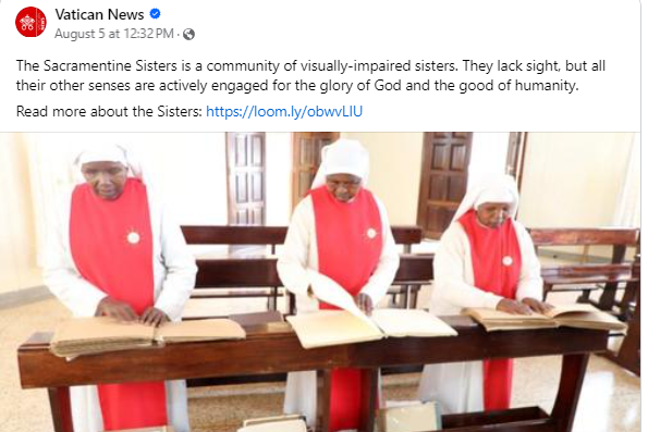 The Sisters of Don Orione pictured at their convent in Kenya reading the braille books we have sent them