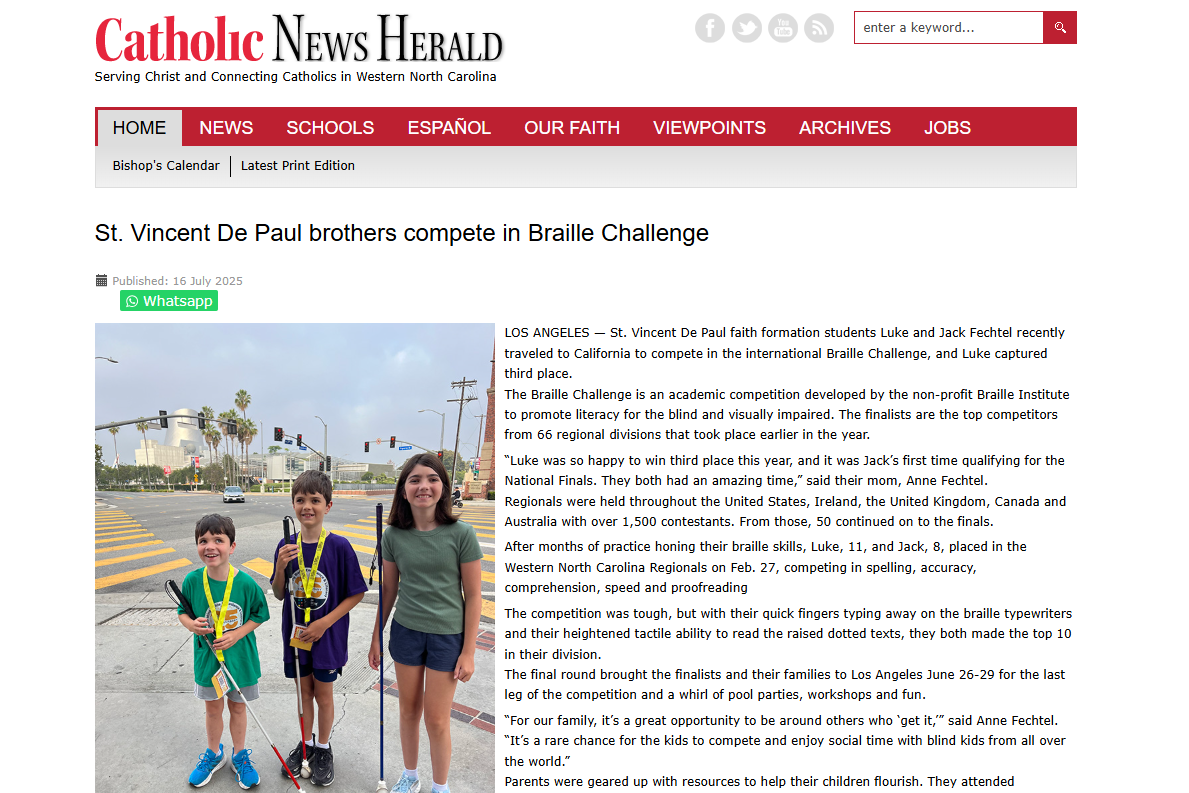 Jack and Luke pictured in the Catholic News Herald with their sister during the Braille Challenge Finals in California