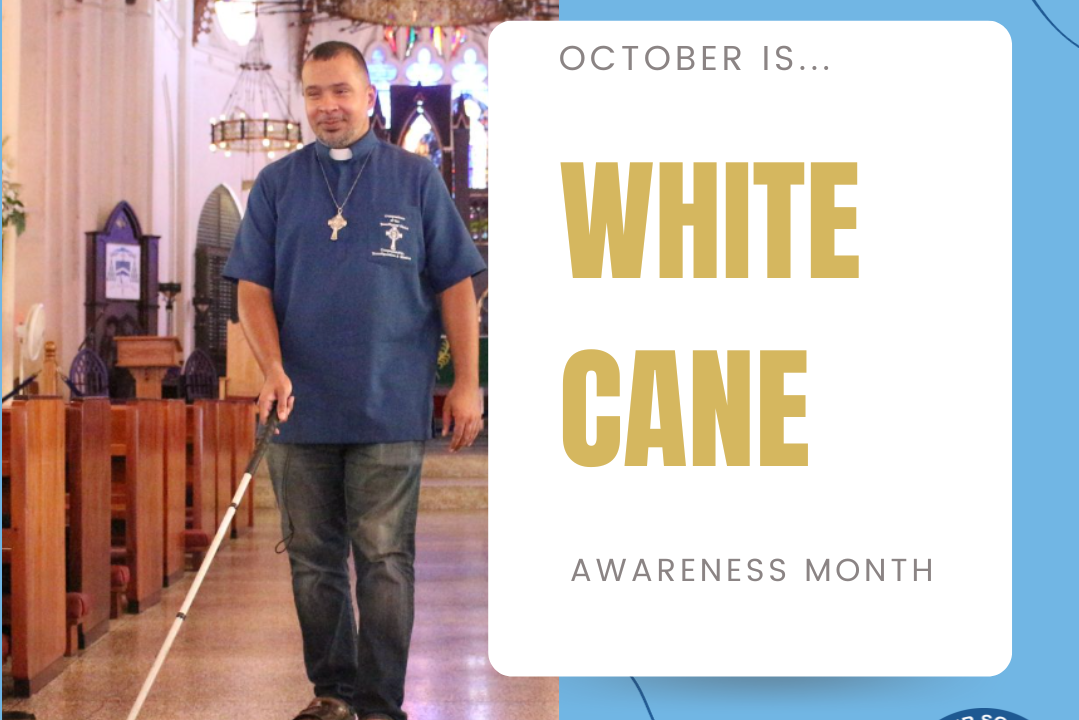 Father Mikkel, a blind priest, shown at his parish walking with a white cane